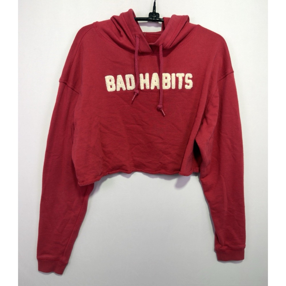 Women's Red Bad Habits Cropped Hoodie Chenille Letter Raw Hem Oversized